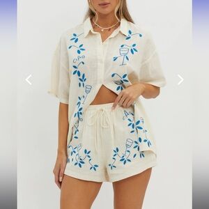 Cream and Blue Floral Shirt and Shorts Set